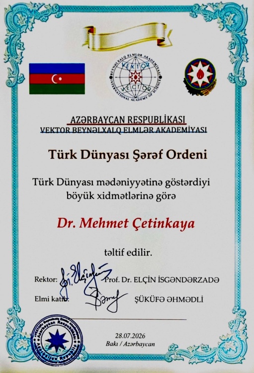 Azərbaycandan Karabükə mənalı təltif: Mehmet Çetinkayaya Türk Dünyası Şərəf Ordeni təqdim edilib